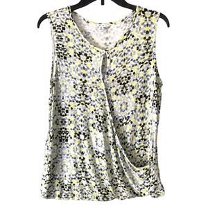 CAbi Green Blue 257 Mosaic Faux Wrap Keyhole Drape Front Sleeveless Top Shirt